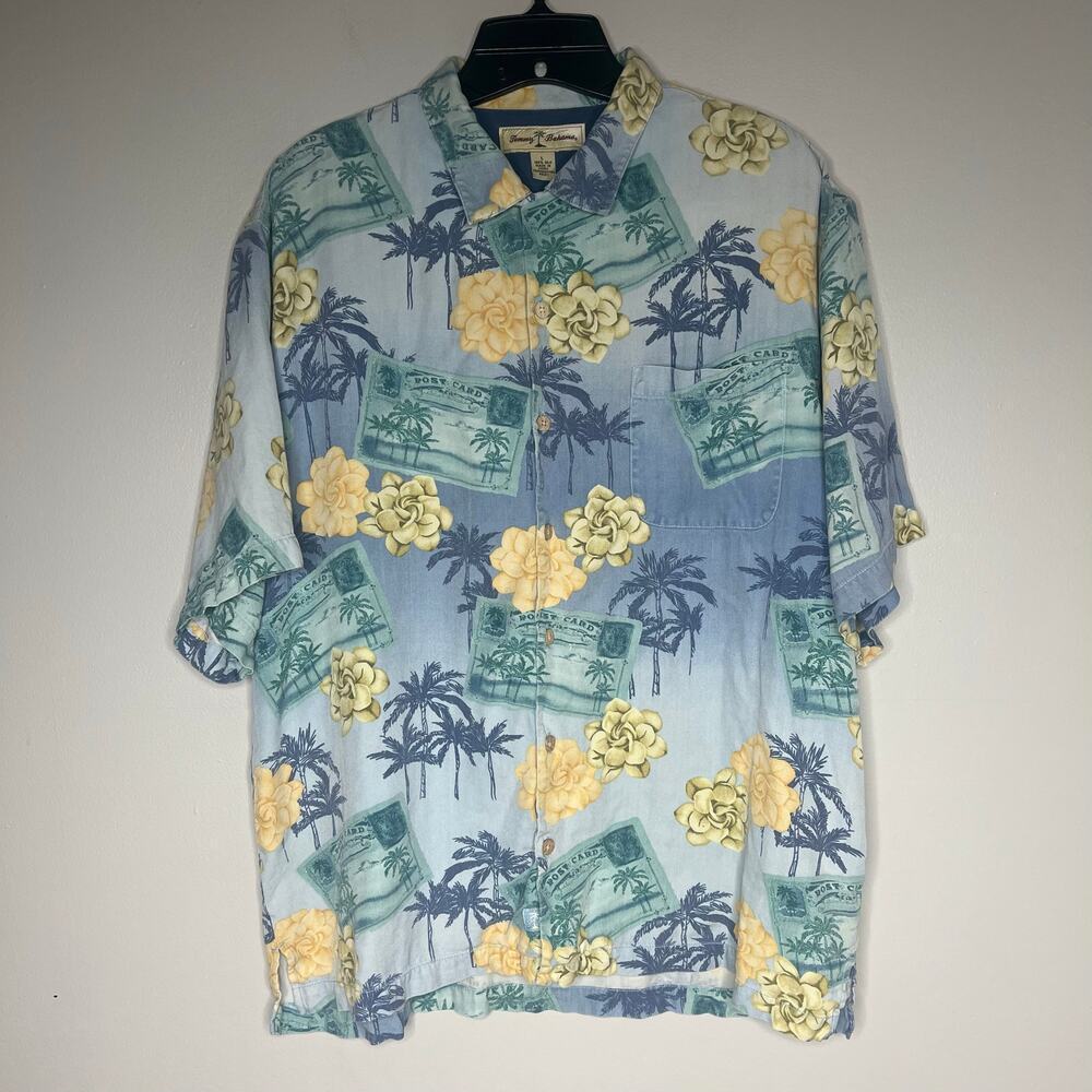 Tommy Bahama‎ Men's 100% Silk Postcards & Palm Trees Hawaiian Camp Shirt Large